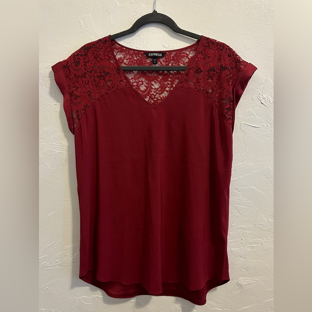 Express Burgundy Lace Detail Cap Sleeve Blouse Size L